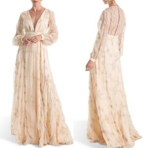 Joanna August Gwen Embroidered Long Sleeve Wedding Dress Cream Silver Size 0